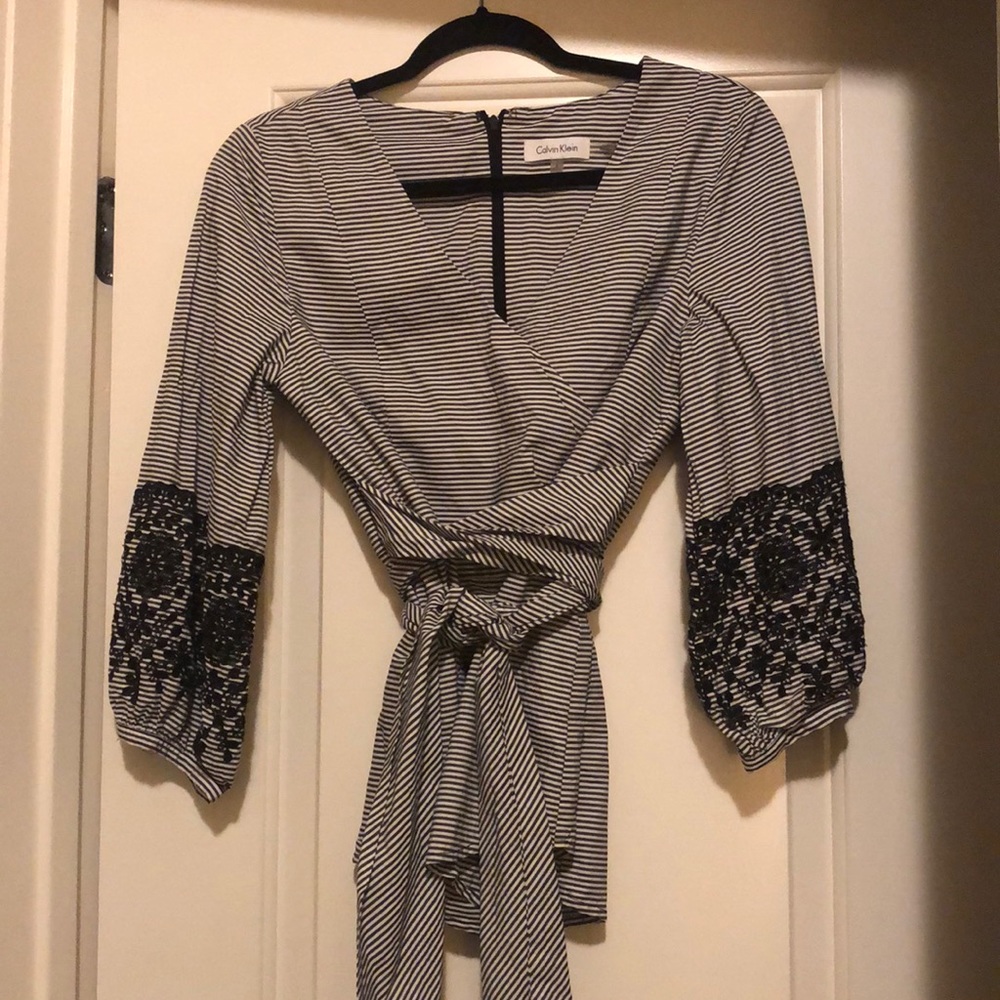Calvin Klein charcoal and white striped wrap front blouse with wrap around tie